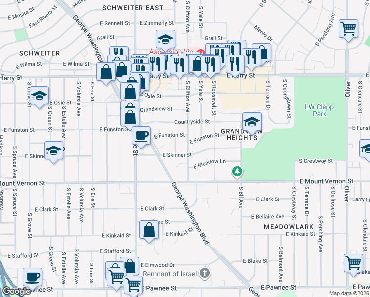 map of restaurants, bars, coffee shops, grocery stores, and more near 3521 East Skinner Street in Wichita