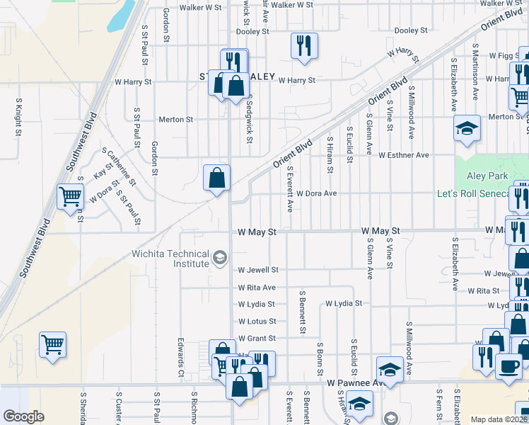 map of restaurants, bars, coffee shops, grocery stores, and more near 2324 West May Street in Wichita