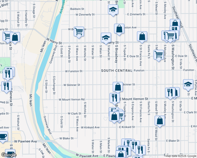 map of restaurants, bars, coffee shops, grocery stores, and more near 1835 South Main Street in Wichita