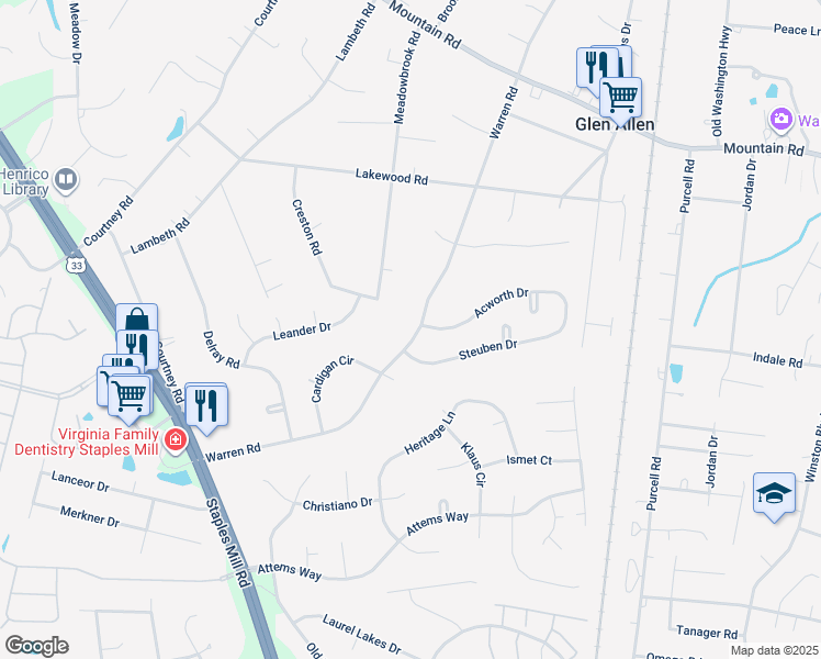 map of restaurants, bars, coffee shops, grocery stores, and more near 10412 Warren Road in Glen Allen