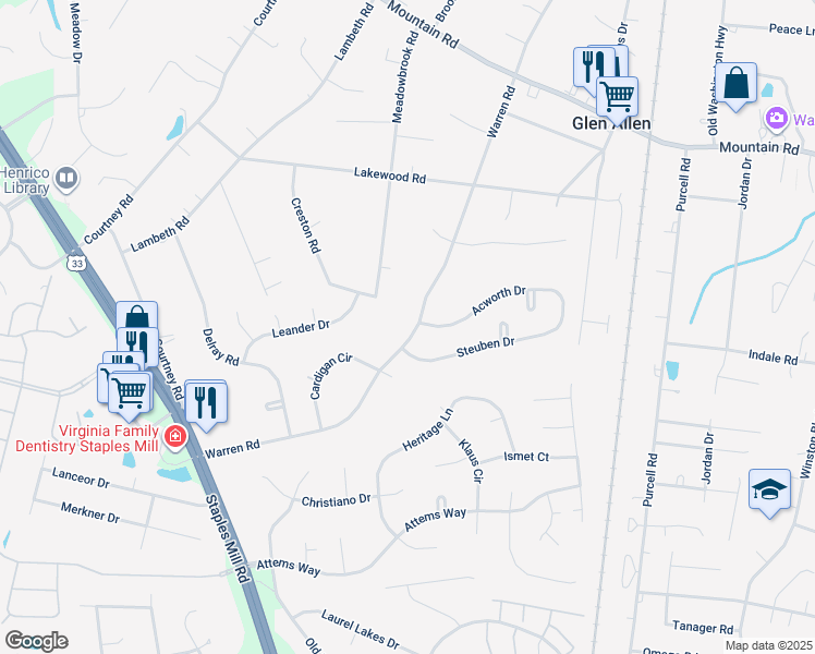 map of restaurants, bars, coffee shops, grocery stores, and more near 10412 Warren Road in Glen Allen