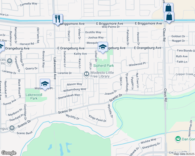 map of restaurants, bars, coffee shops, grocery stores, and more near 1117 Springfield Way in Modesto