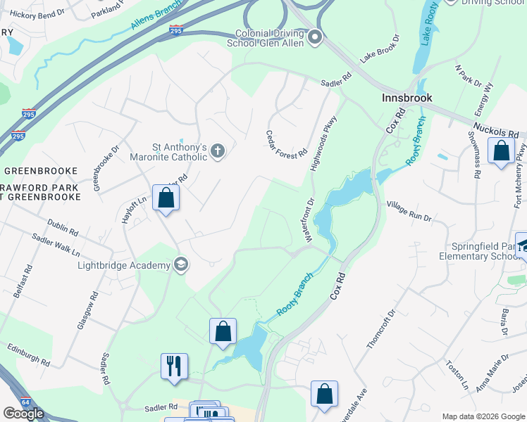 map of restaurants, bars, coffee shops, grocery stores, and more near 11171 Thorncroft Drive in Glen Allen