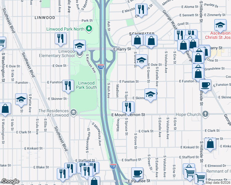 map of restaurants, bars, coffee shops, grocery stores, and more near 1839 Madison in Wichita