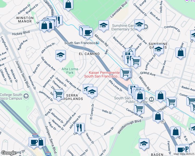 map of restaurants, bars, coffee shops, grocery stores, and more near 16 Los Flores Avenue in South San Francisco