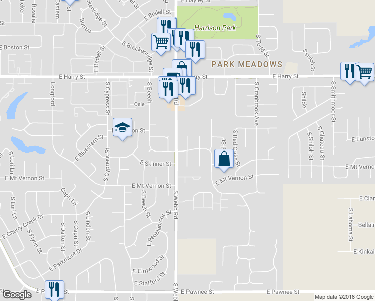 map of restaurants, bars, coffee shops, grocery stores, and more near South Hoyt Circle in Wichita