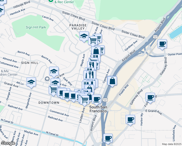 map of restaurants, bars, coffee shops, grocery stores, and more near 723 Olive Avenue in South San Francisco
