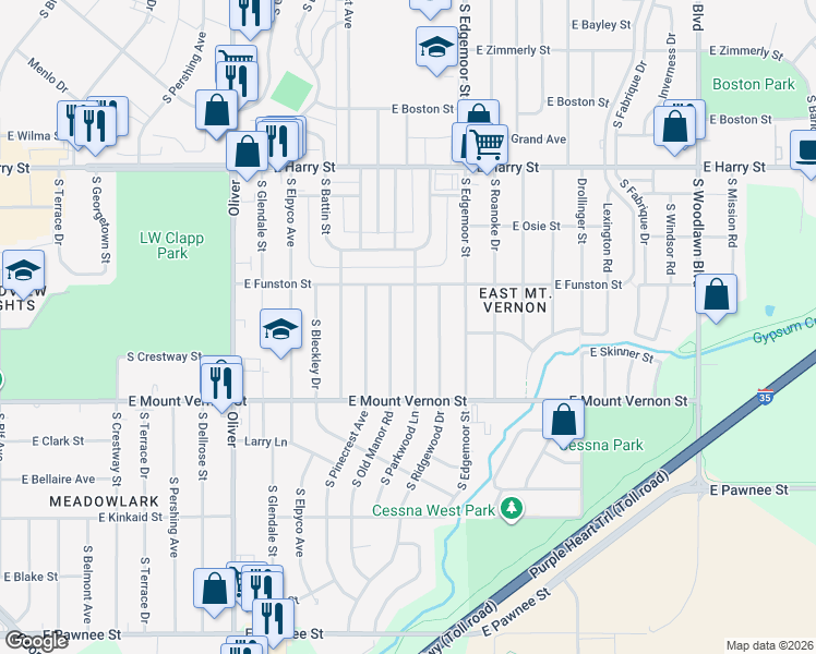 map of restaurants, bars, coffee shops, grocery stores, and more near 1901 South Parkwood Lane in Wichita