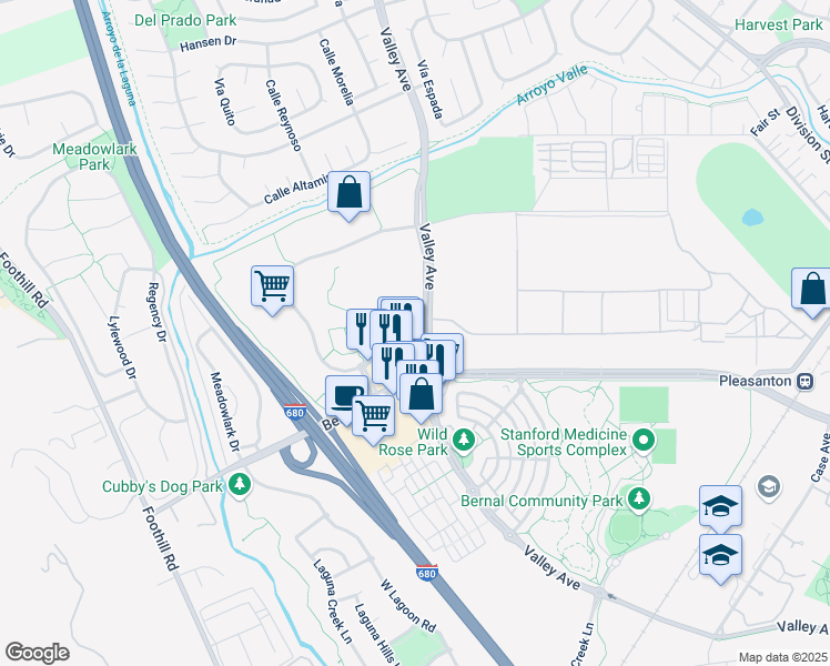 map of restaurants, bars, coffee shops, grocery stores, and more near 6654 Koll Center Parkway in Pleasanton