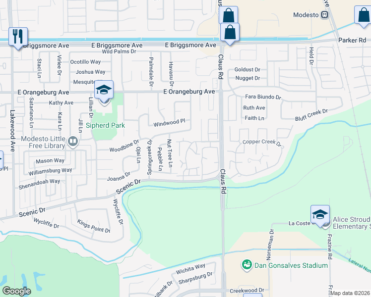 map of restaurants, bars, coffee shops, grocery stores, and more near 1119 Cedar Creek Drive in Modesto