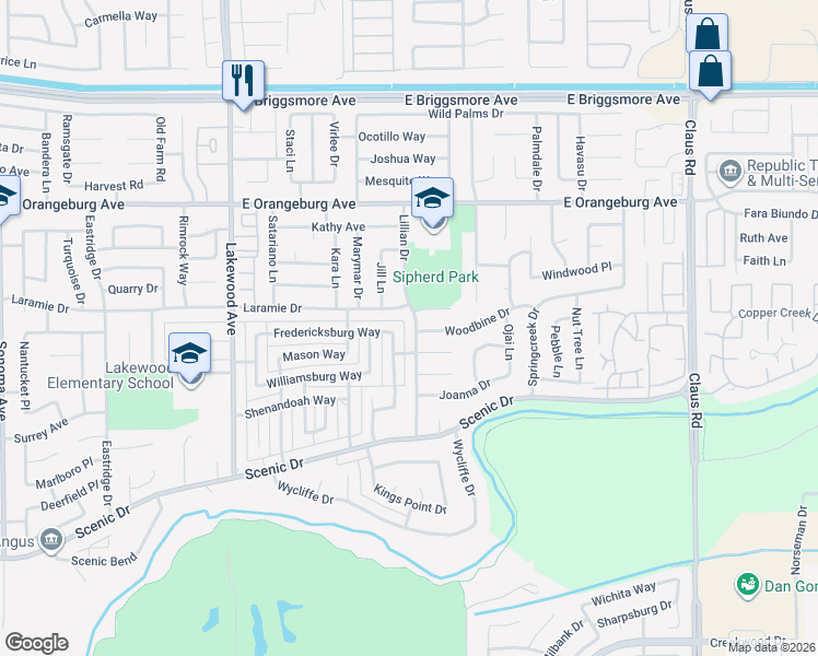 map of restaurants, bars, coffee shops, grocery stores, and more near 1117 Springfield Way in Modesto