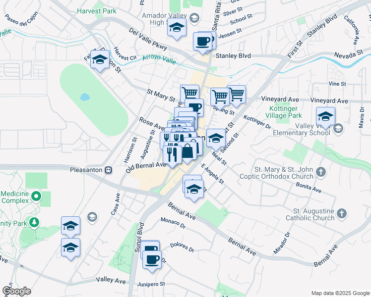 map of restaurants, bars, coffee shops, grocery stores, and more near 337 Main Street in Pleasanton