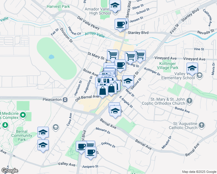 map of restaurants, bars, coffee shops, grocery stores, and more near in Pleasanton