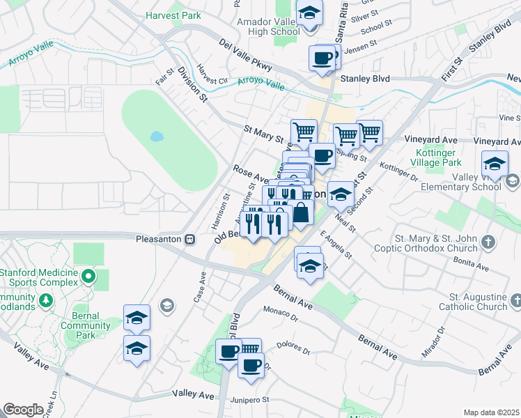 map of restaurants, bars, coffee shops, grocery stores, and more near 1 Peters Avenue in Pleasanton