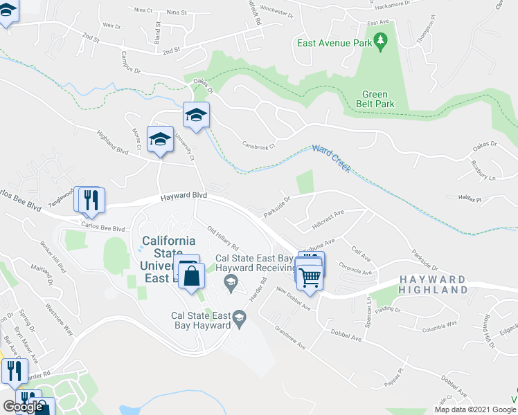 map of restaurants, bars, coffee shops, grocery stores, and more near 2271 Parnassus Court in Hayward
