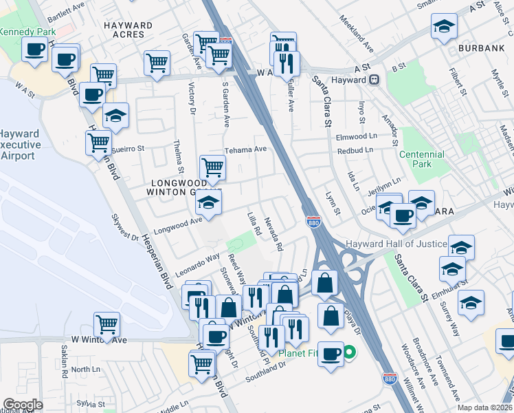 map of restaurants, bars, coffee shops, grocery stores, and more near 23250 Nevada Road in Hayward