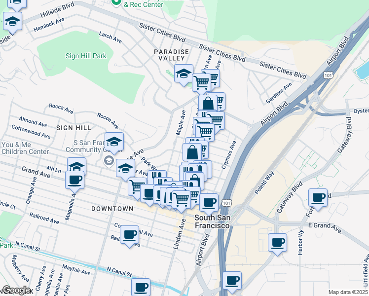 map of restaurants, bars, coffee shops, grocery stores, and more near 615 Olive Avenue in South San Francisco