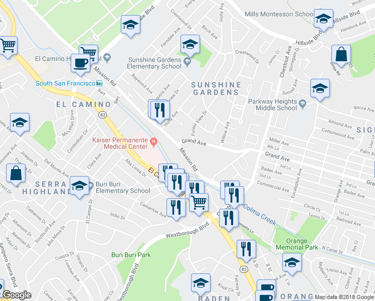 map of restaurants, bars, coffee shops, grocery stores, and more near 1050 Mission Road in South San Francisco