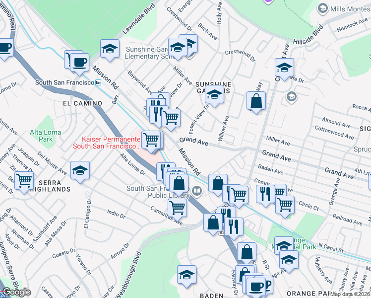 map of restaurants, bars, coffee shops, grocery stores, and more near 1080 Mission Road in South San Francisco