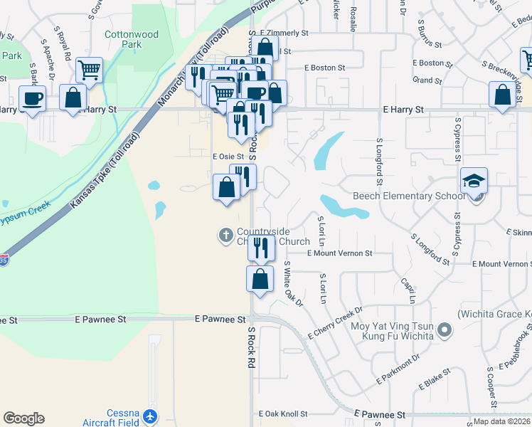 map of restaurants, bars, coffee shops, grocery stores, and more near 0 Wichita in Park City