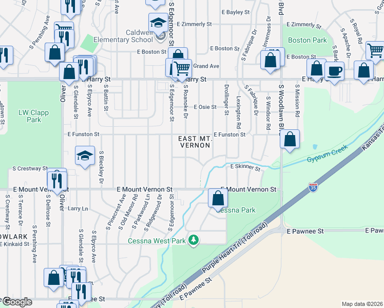 map of restaurants, bars, coffee shops, grocery stores, and more near 5733 East Skinner Street in Wichita