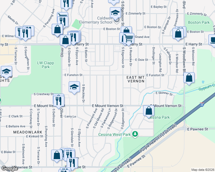 map of restaurants, bars, coffee shops, grocery stores, and more near 1901 South Parkwood Lane in Wichita