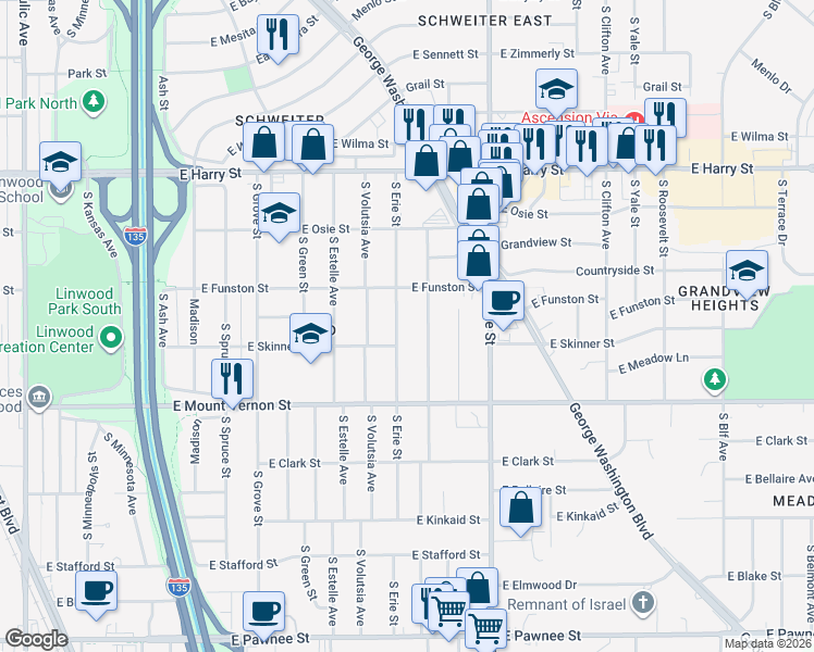 map of restaurants, bars, coffee shops, grocery stores, and more near 1864 South Erie Street in Wichita