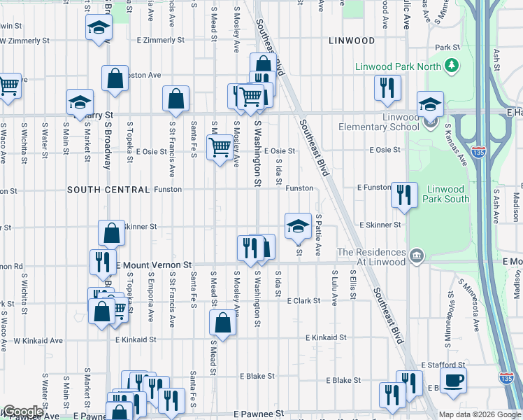 map of restaurants, bars, coffee shops, grocery stores, and more near 1000-1052 East Skinner Street in Wichita
