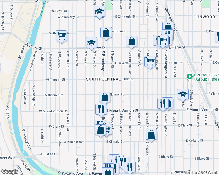 map of restaurants, bars, coffee shops, grocery stores, and more near 320 East Skinner Street in Wichita
