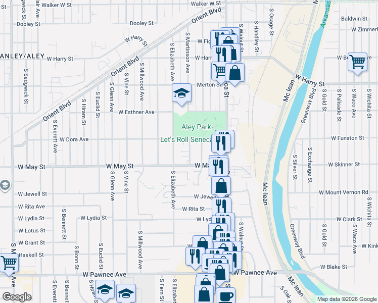 map of restaurants, bars, coffee shops, grocery stores, and more near 1324 West May Street in Wichita