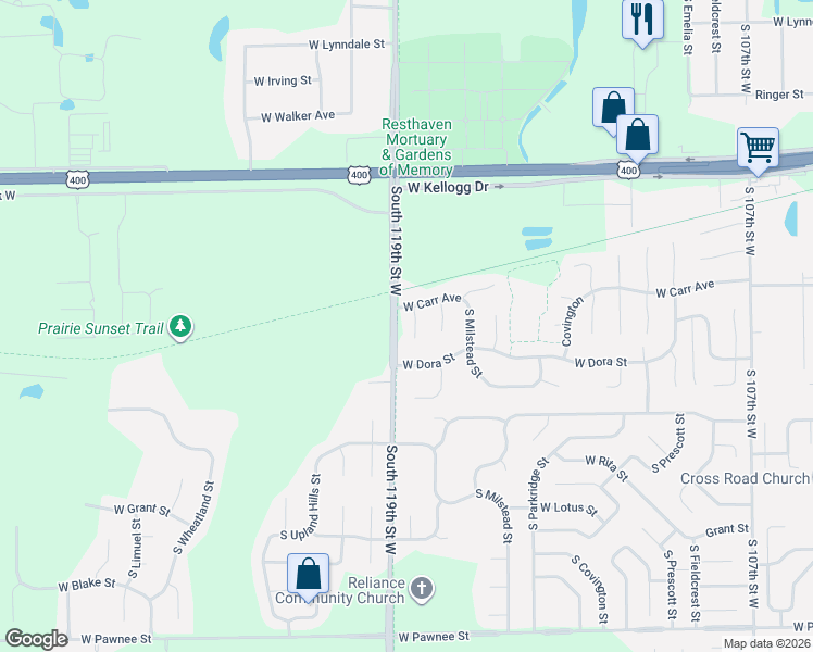 map of restaurants, bars, coffee shops, grocery stores, and more near 1931 South Millbrook Road in Wichita