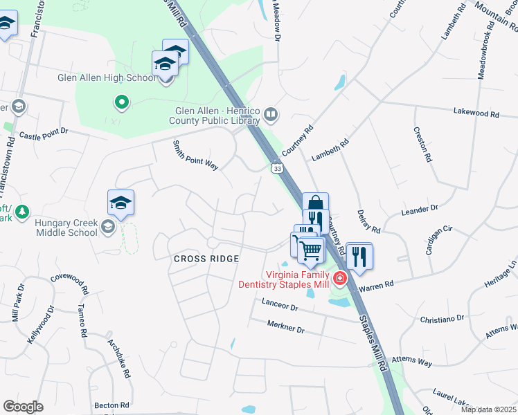 map of restaurants, bars, coffee shops, grocery stores, and more near 3321 Corrotoman Road in Glen Allen