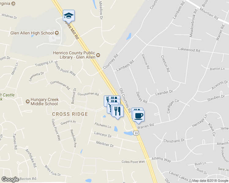 map of restaurants, bars, coffee shops, grocery stores, and more near 10331 Staples Mill Road in Glen Allen