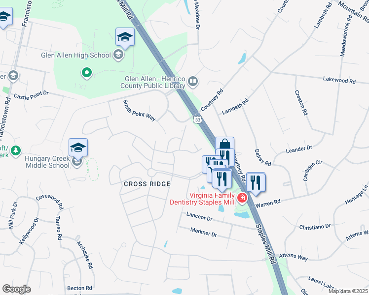 map of restaurants, bars, coffee shops, grocery stores, and more near 3321 Corrotoman Road in Glen Allen