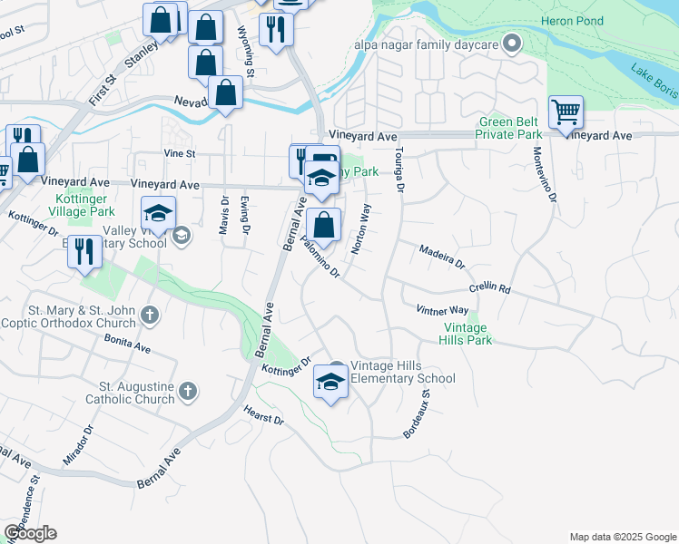 map of restaurants, bars, coffee shops, grocery stores, and more near 744 Palomino Drive in Pleasanton