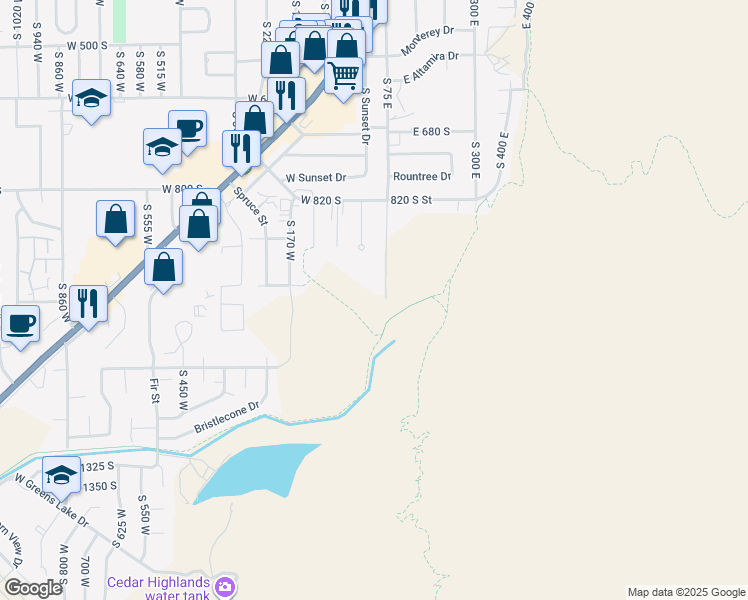 map of restaurants, bars, coffee shops, grocery stores, and more near 920 South 25 East in Cedar City