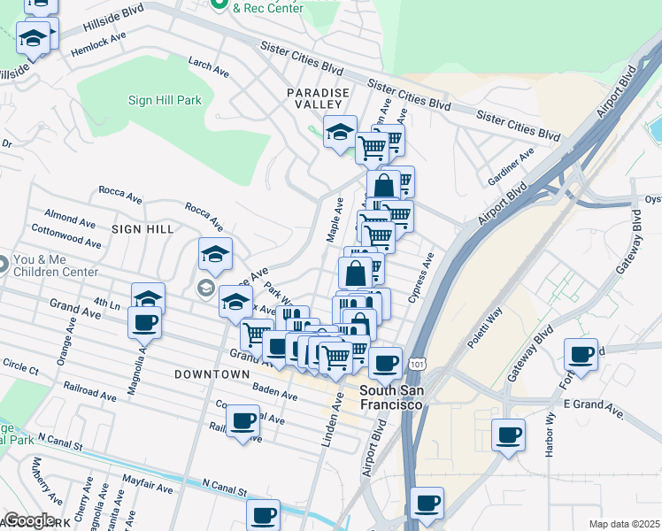 map of restaurants, bars, coffee shops, grocery stores, and more near 615 Olive Avenue in South San Francisco