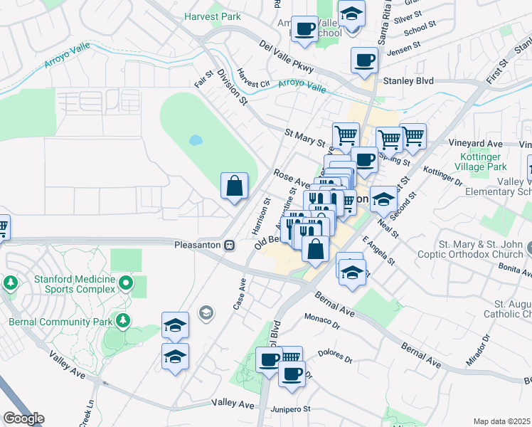 map of restaurants, bars, coffee shops, grocery stores, and more near 4758 Harrison Street in Pleasanton