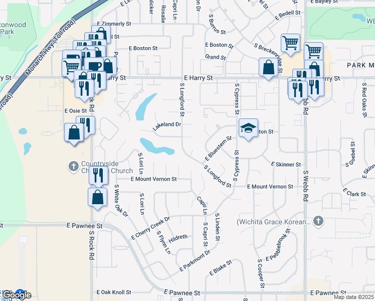 map of restaurants, bars, coffee shops, grocery stores, and more near 1800 South Longford Court in Wichita