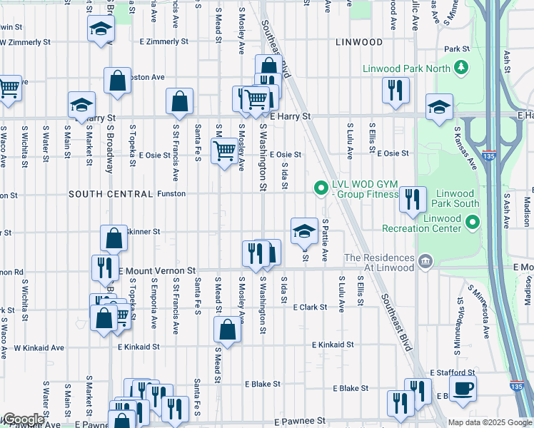 map of restaurants, bars, coffee shops, grocery stores, and more near 1000-1052 East Skinner Street in Wichita
