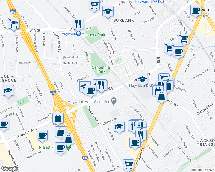 map of restaurants, bars, coffee shops, grocery stores, and more near 24052 Amador Street in Hayward