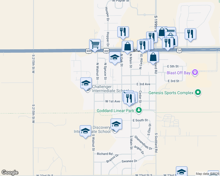 map of restaurants, bars, coffee shops, grocery stores, and more near 227 North Pine Street in Goddard