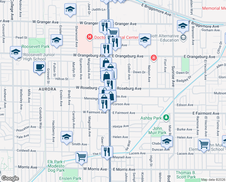 map of restaurants, bars, coffee shops, grocery stores, and more near 1120 McHenry Avenue in Modesto