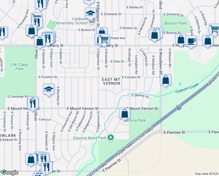 map of restaurants, bars, coffee shops, grocery stores, and more near 5733 East Skinner Street in Wichita