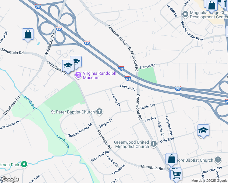 map of restaurants, bars, coffee shops, grocery stores, and more near 2044 Knotty Drive in Glen Allen