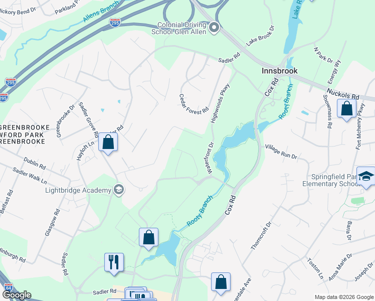 map of restaurants, bars, coffee shops, grocery stores, and more near 11035 Thorncroft Drive in Glen Allen