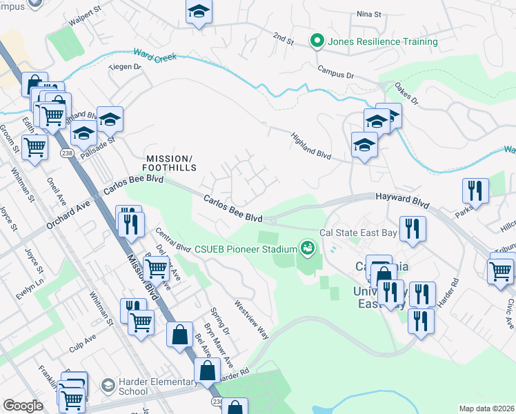 map of restaurants, bars, coffee shops, grocery stores, and more near 25400 Carlos Bee Boulevard in Hayward