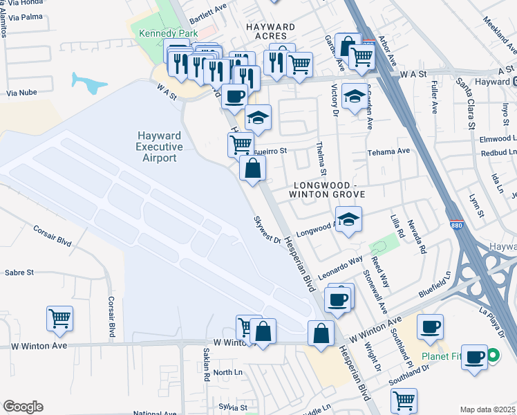 map of restaurants, bars, coffee shops, grocery stores, and more near 987 Lester Avenue in Hayward