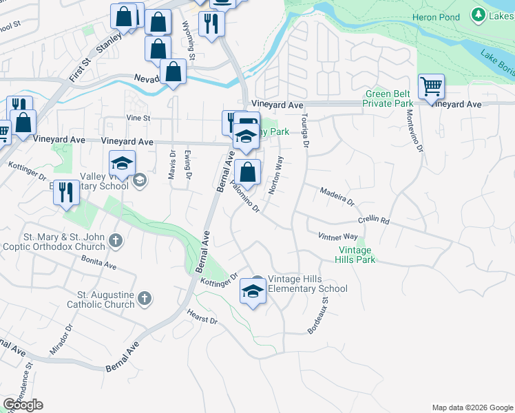 map of restaurants, bars, coffee shops, grocery stores, and more near 728 Palomino Drive in Pleasanton