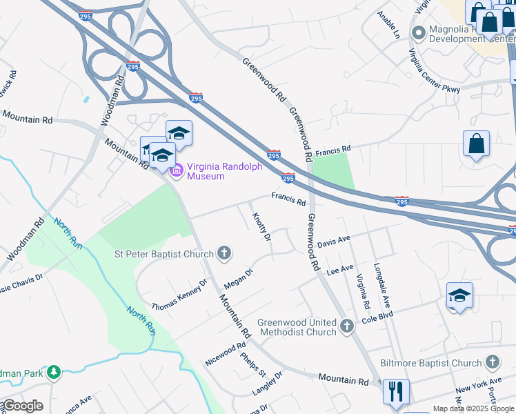 map of restaurants, bars, coffee shops, grocery stores, and more near 2044 Knotty Drive in Glen Allen